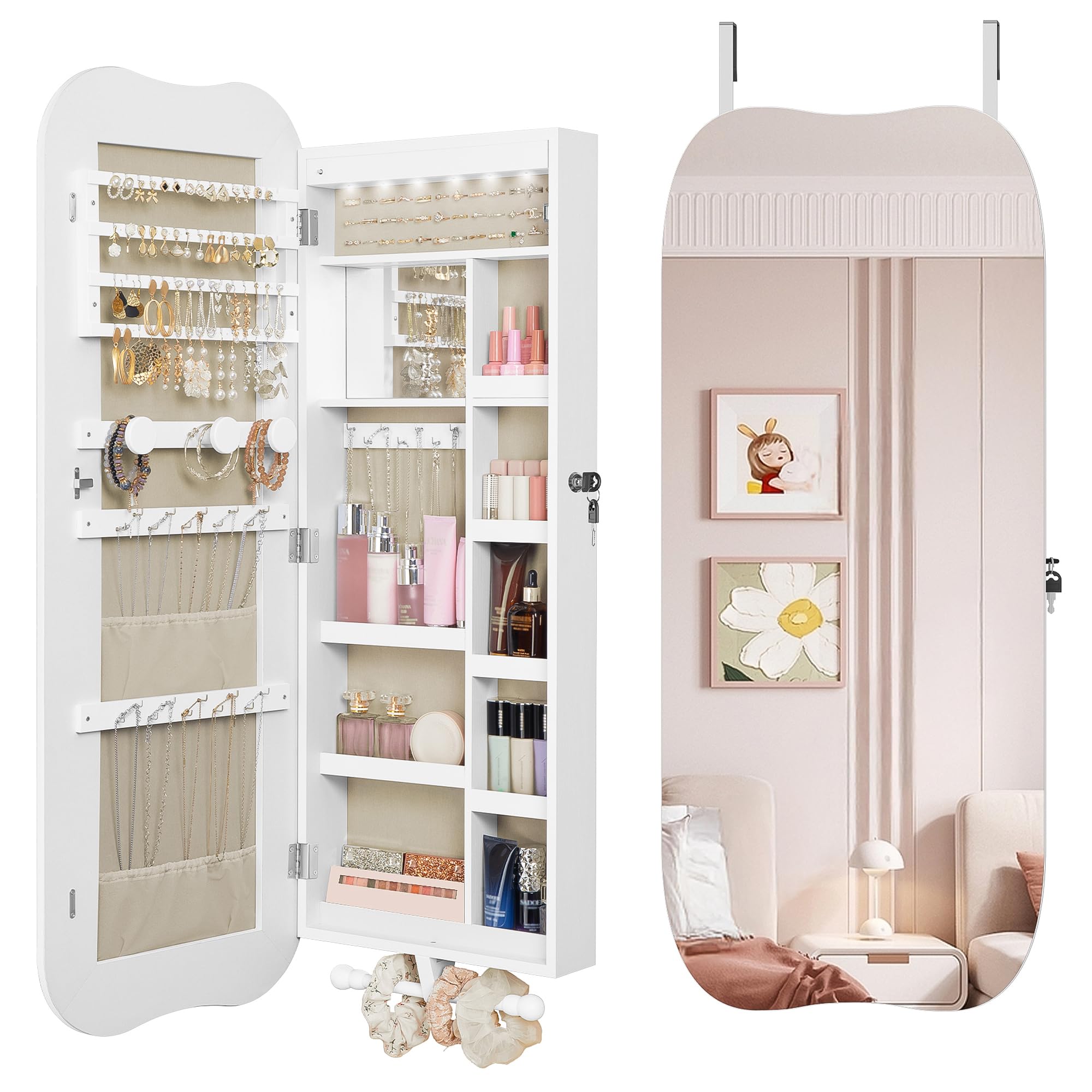 Hzuaneri Schmuckschrank, Spiegelschrank, Hängeschrank mit LED-Beleuchtung, Wandschrank mit Spiegel, abschließbar, mit Innenspiegel, Oberfläche in Weiß, Innenfutter in Greige JC36603BE