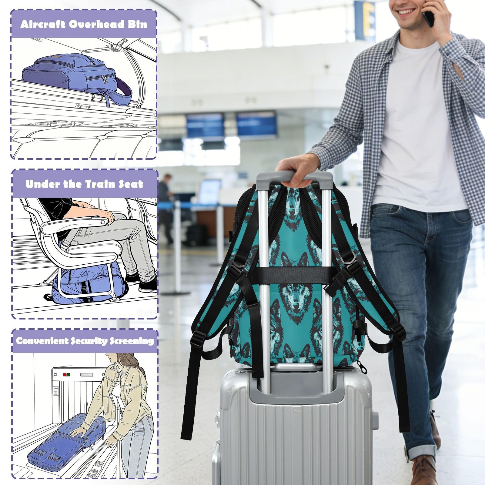 Plecak Torba na laptopa 15-calowa torba na laptopa do szkoły 20 l | Stylowa torba podróżna stary styl zwierzę wilk turkus podróż niezbędnik do samolotów mochilas para hombre 20L