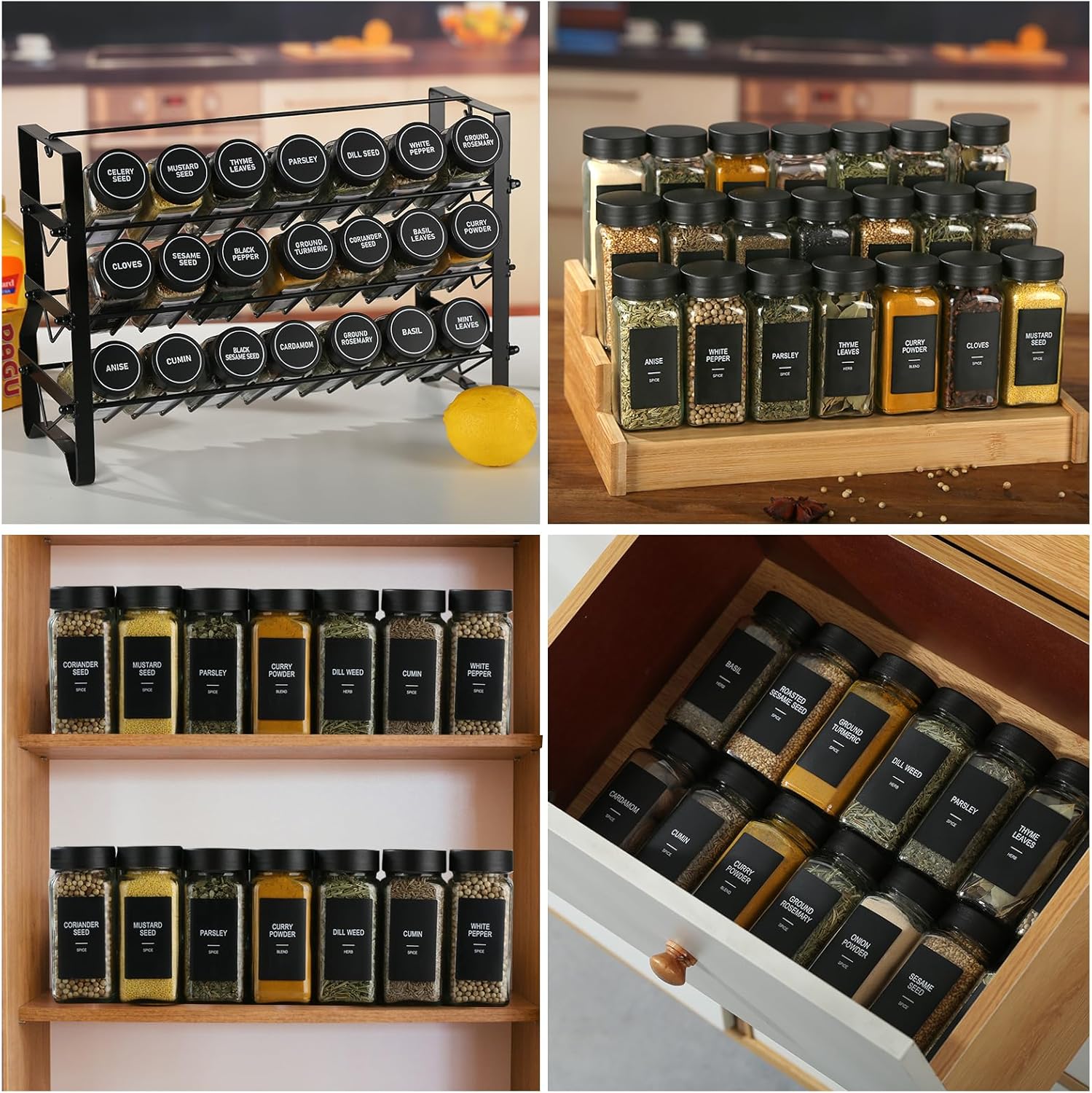 24 Glass Spice Jars with Labels,Spice Jar Set,4oz Seasoning Containers,Spice Containers with Black Airtight Lids and Shaker Lids,Square Empty Spice Bottles, 492 Labels,1 Funnel - Image 7