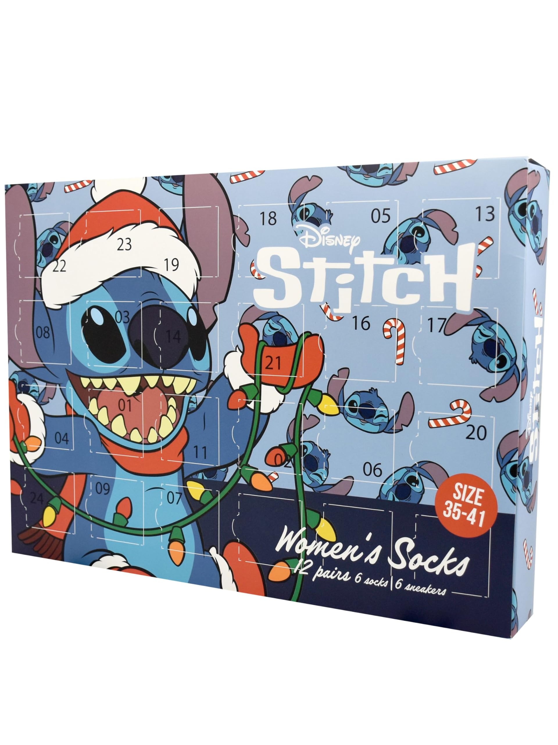 United Labels Disney Lilo & Stitch Calendario dell'Avvento con 12 paia di calzini da donna, taglia 35-41, calendario con sneakers e calzini lunghi, calendario natalizio regalo