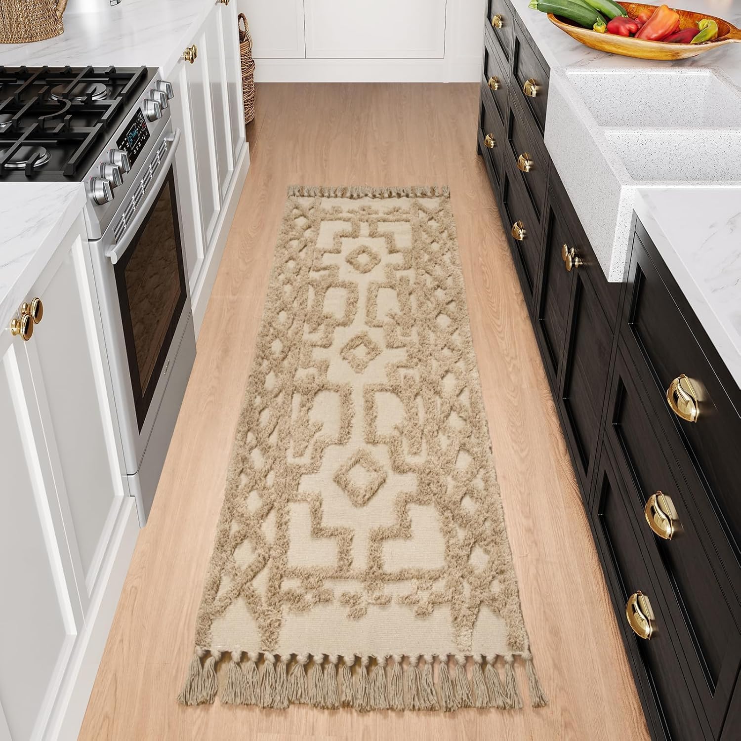 Uphome Boho Runners for Hallways 2' x 8', Washable Farmhouse Entryway Runner Rug, Cotton Tufted Bedroom Runner Rugs, Bohemian Tribal Aesthetic Rug for Kitchen Doorway Bathroom Living Room, Khaki