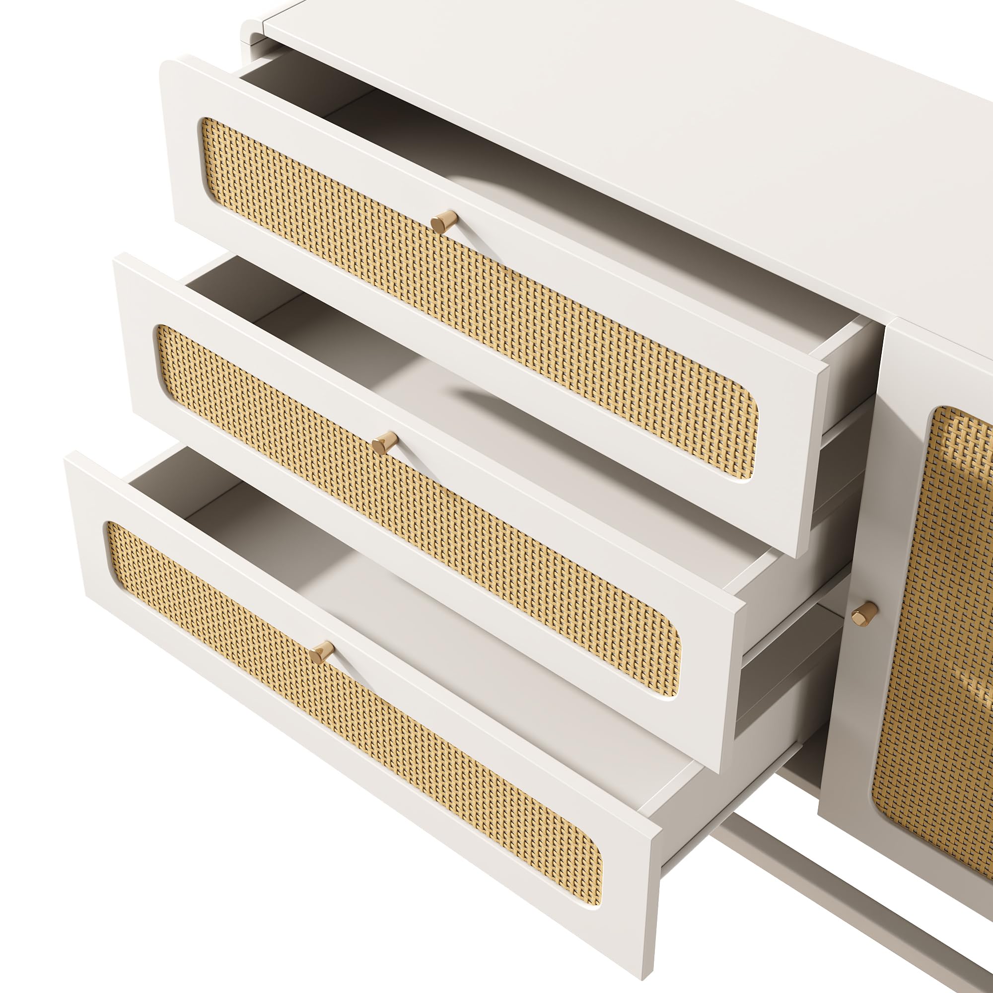 Merax Kommode Weiß mit 3 Schubladen und 1 Tür, Sideboard 120cm, Moderner Komodenschrank Schubladenschrank mit Rattan, Goldgriffen, Verstellbare Ablage, Metallbeinen, für Wohnzimmer, Schlafzimmer, Flur