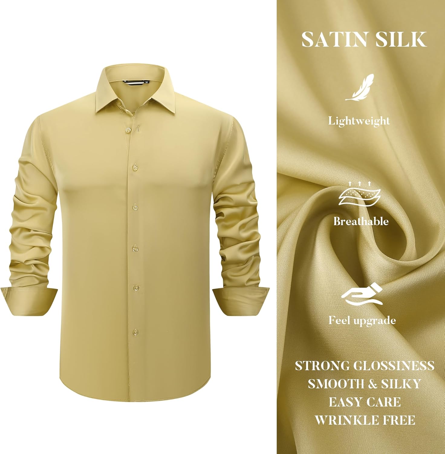 Damipow Satin Silk Mens Dress Shirts Long Sleeve Button Up Shirt Wedding Party Prom Shirt