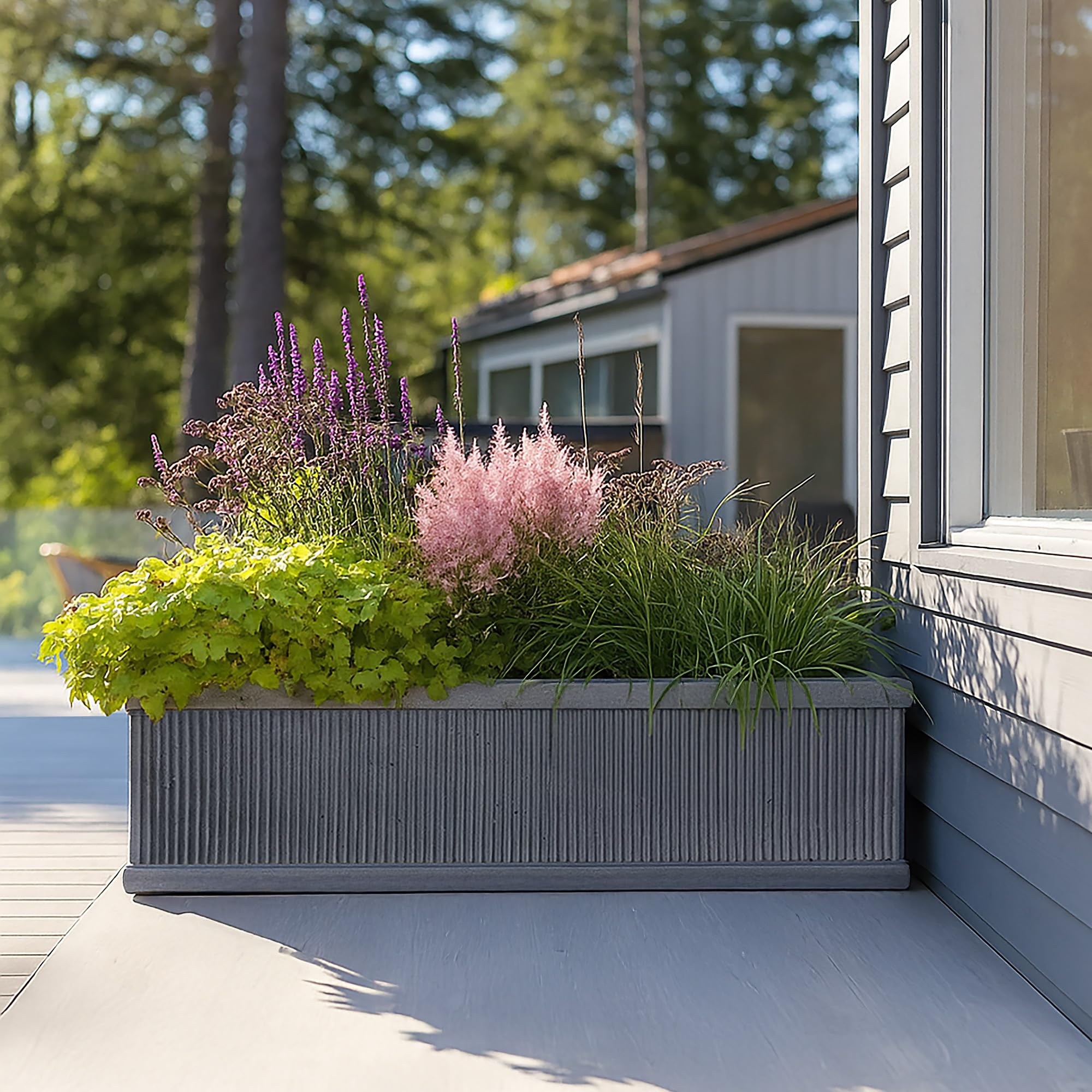 IDEALIST 70cm Planter | Leaden Grey Ribbed Reinforced Stone Garden Window Box | Windowsill Planter | Rectangular Plant Pot with Drainage Holes H23 L70 W23 cm, 22 litres