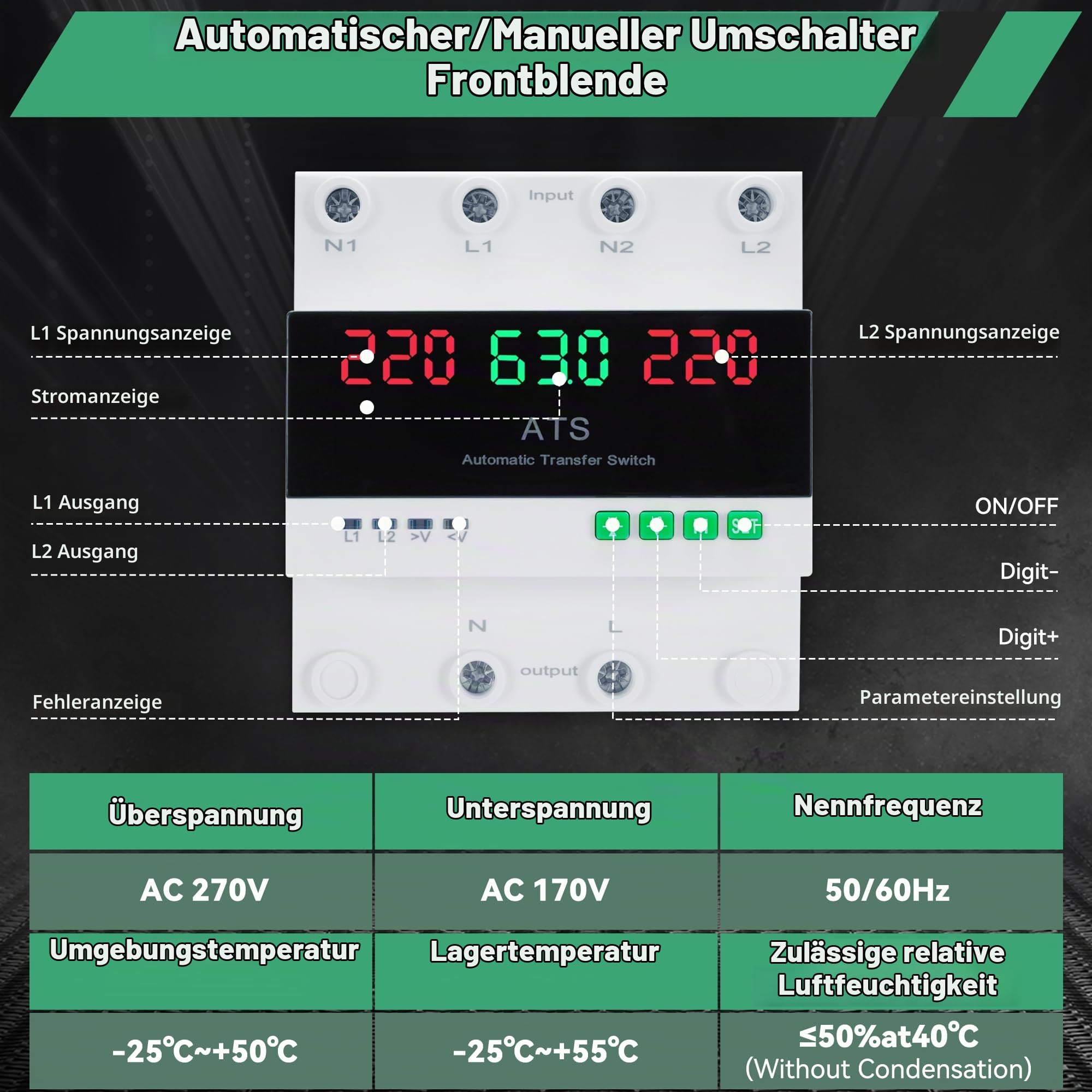 Automatischer und Manueller Übertragungsschalter 63A 220V mit digitaler Anzeige, Wert Einstellbar, Doppelter ATS-Speiseschalter für Notgeräte, Installationsanleitung DIN