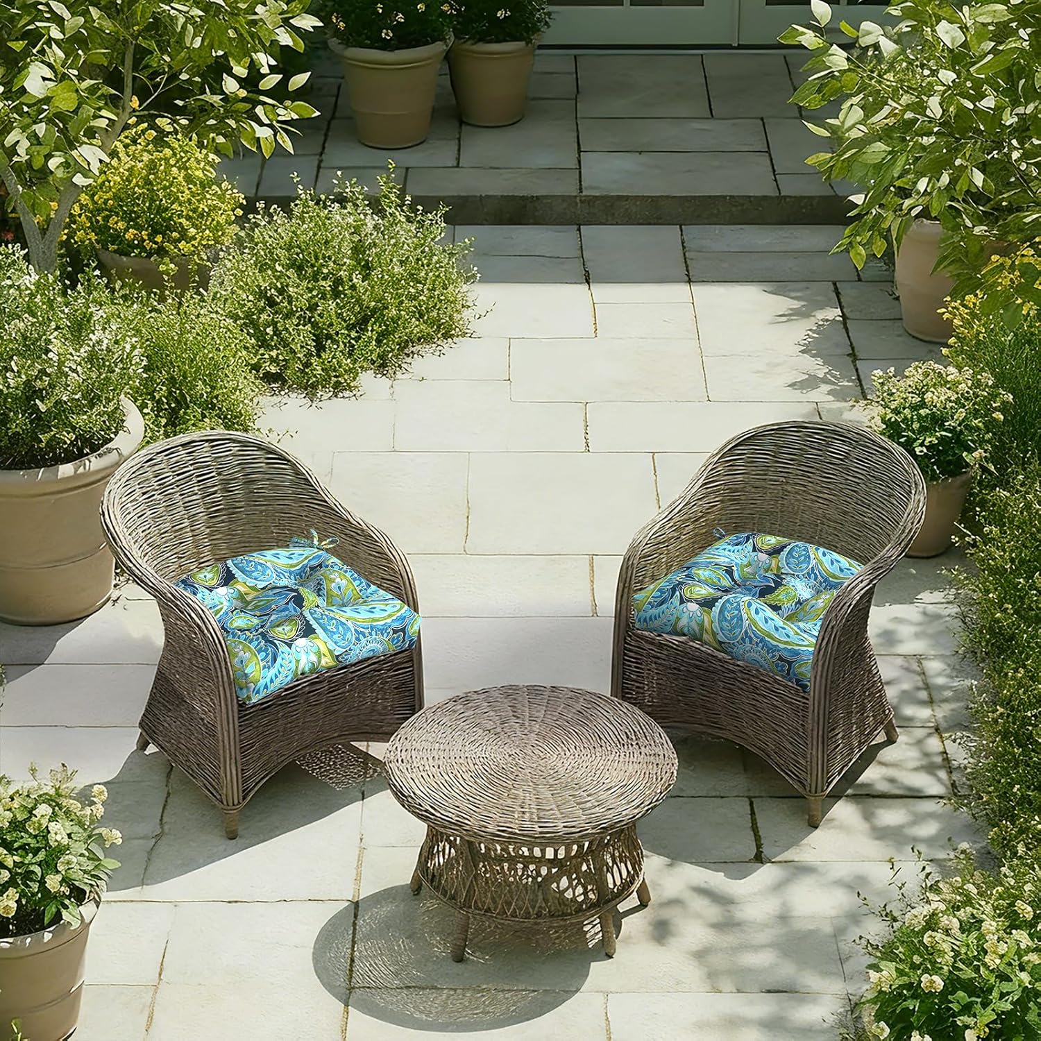 DYTXIII Set of 2 Outdoor Chair Cushions 19"x19"x4", Water Repellent Tufted Patio Seat Cushions with Ties, Thick Replacement Pads for Wicker Dining Chairs, Patio Furniture, Paisley Lapis Green