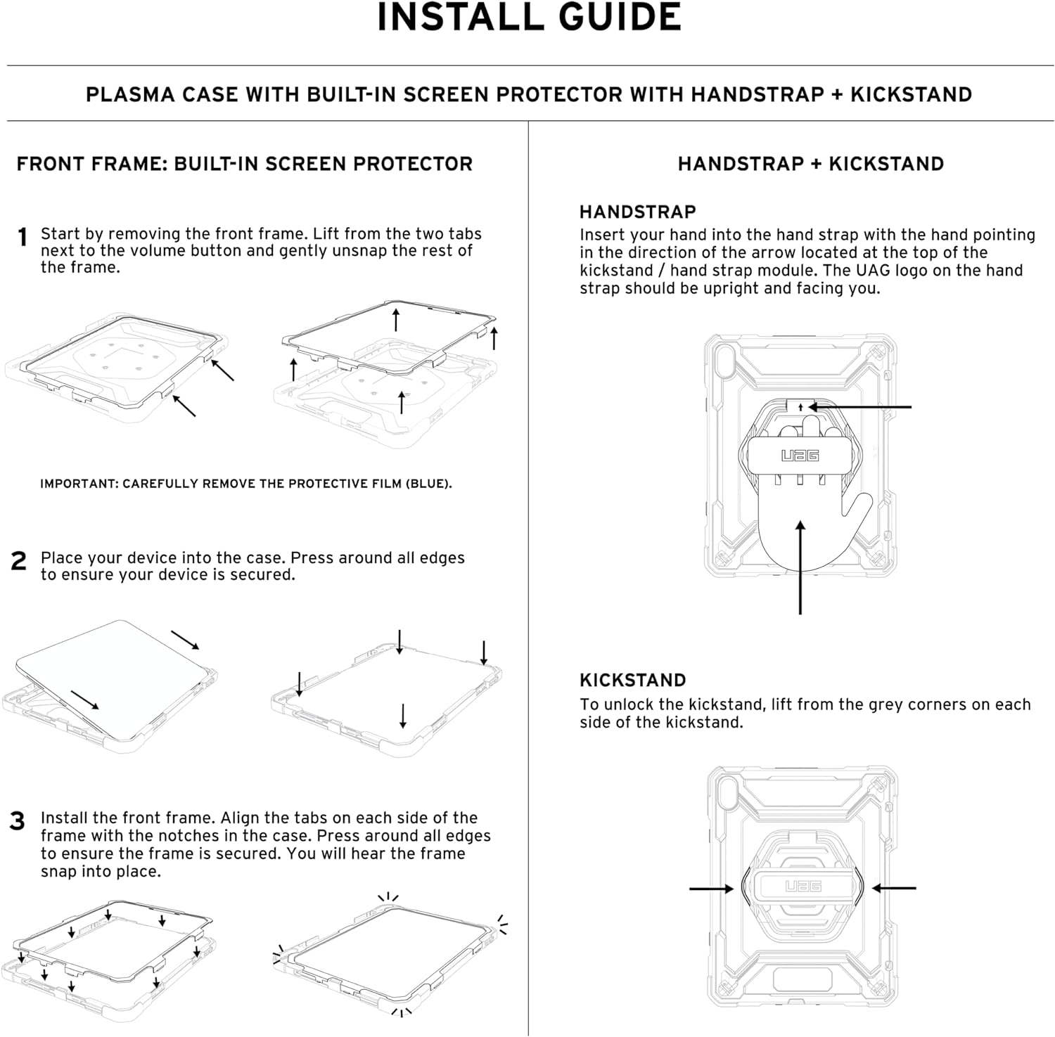 URBAN ARMOR GEAR UAG Designed for iPad 11" A16 11th Gen 2025, 10.9" 10th Gen 2022 Case w/Built-in Screen Protector A3354 A3355 Rugged Protective Cover w/Kickstand & Hand Strap, Plasma Ice/Black