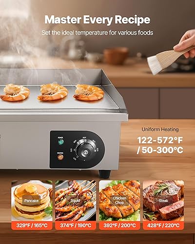 Miniatura 4 de VEVOR Plancha eléctrica comercial, 21 x 11.8 pulgadas, 1750 W, control de temperatura ajustable de 122-570 F, parrilla superior plana de acero