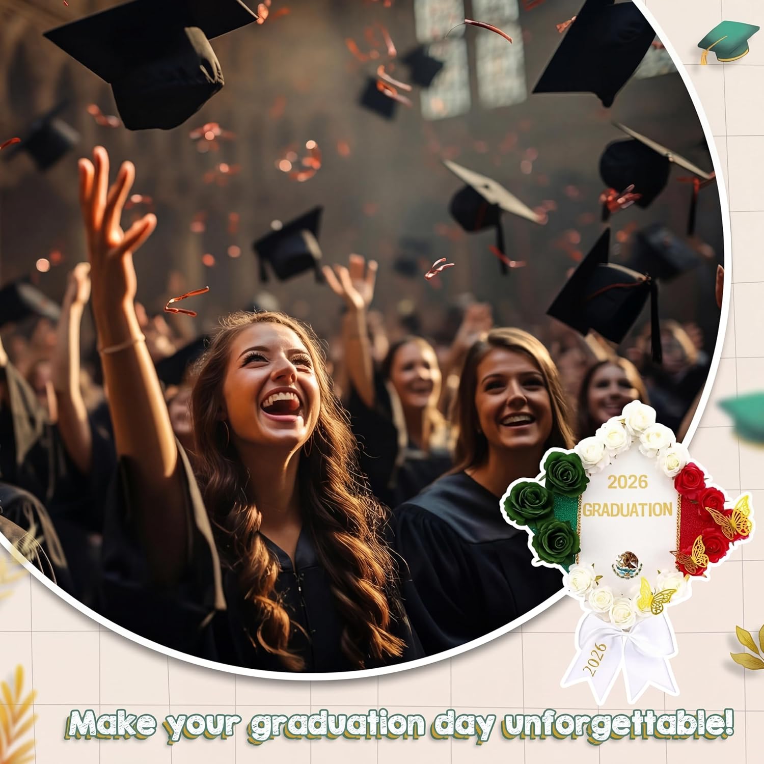 WinnerWhy 50Pcs DIY Mexican Flag Graduation Cap Decorations 2026 Handmade Mexico Grad Hat kit Included Faux Flower Heads Letter Number Rhinestones 3D Butterfly Stickers for Craft Graduation Cap Topper