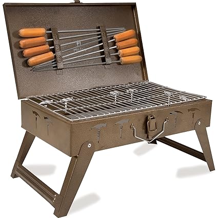 H Hy-tec (Device) HYBB- Traveler Barbeque Grill with 8 Skewers & Charcoal Tray (Royal Gold)