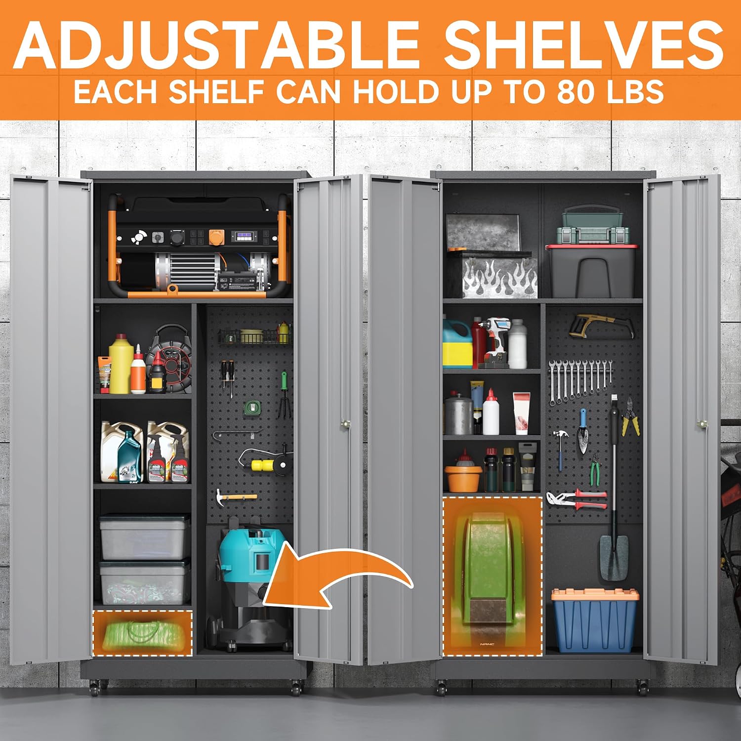 Garage Cabinet with 4 Wheels, 71" H Tool Storage Cabinets, Garage Storage Cabinets with Adjustable Shelves, Broom Closet Cabinets for Utility Room,Workshop