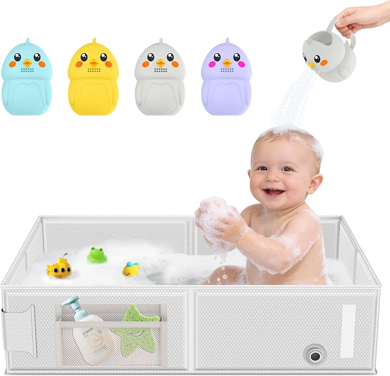 Bañera plegable para bebé, bañera plegable para niños pequeños con taza de enjuague de baño con patrón de pollito, bañera de viaje portátil sin ensamblaje para 6M-5Y, ideal para ducha, artículos esenciales de viaje y regalo de registro de bebé