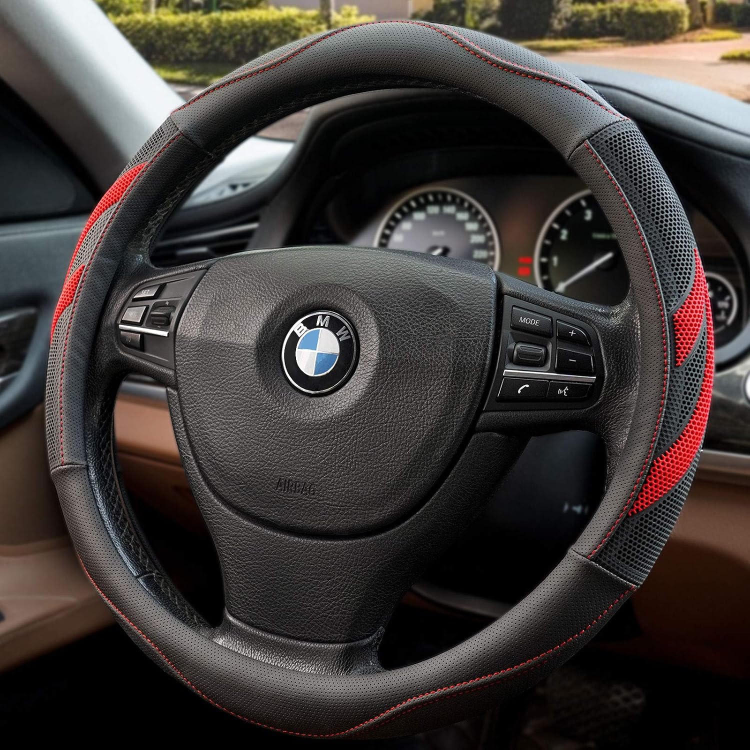 Red Steering Wheel Cover, Seniny Breathable Odorless Leather Steering Wheel Cover 14 1/2 inch to 15 inch Universal, Heat Resistant Anti-Slip Steering Wheel Accessories Suitable for Most Models of Car