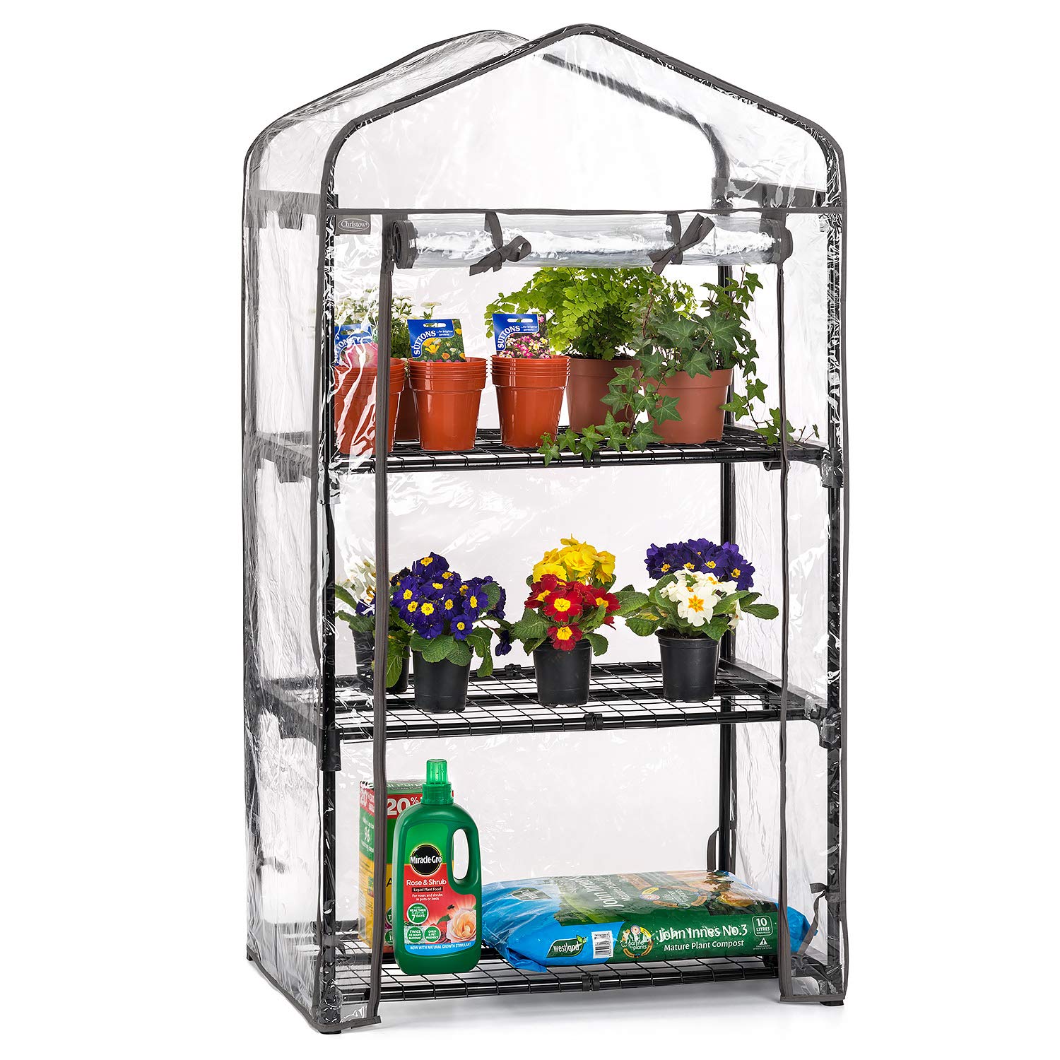 Christow 3 Tier 4ft Greenhouse, Mini Portable Compact Garden Growhouse, Sturdy Steel Frame, Double Zip PVC Cover