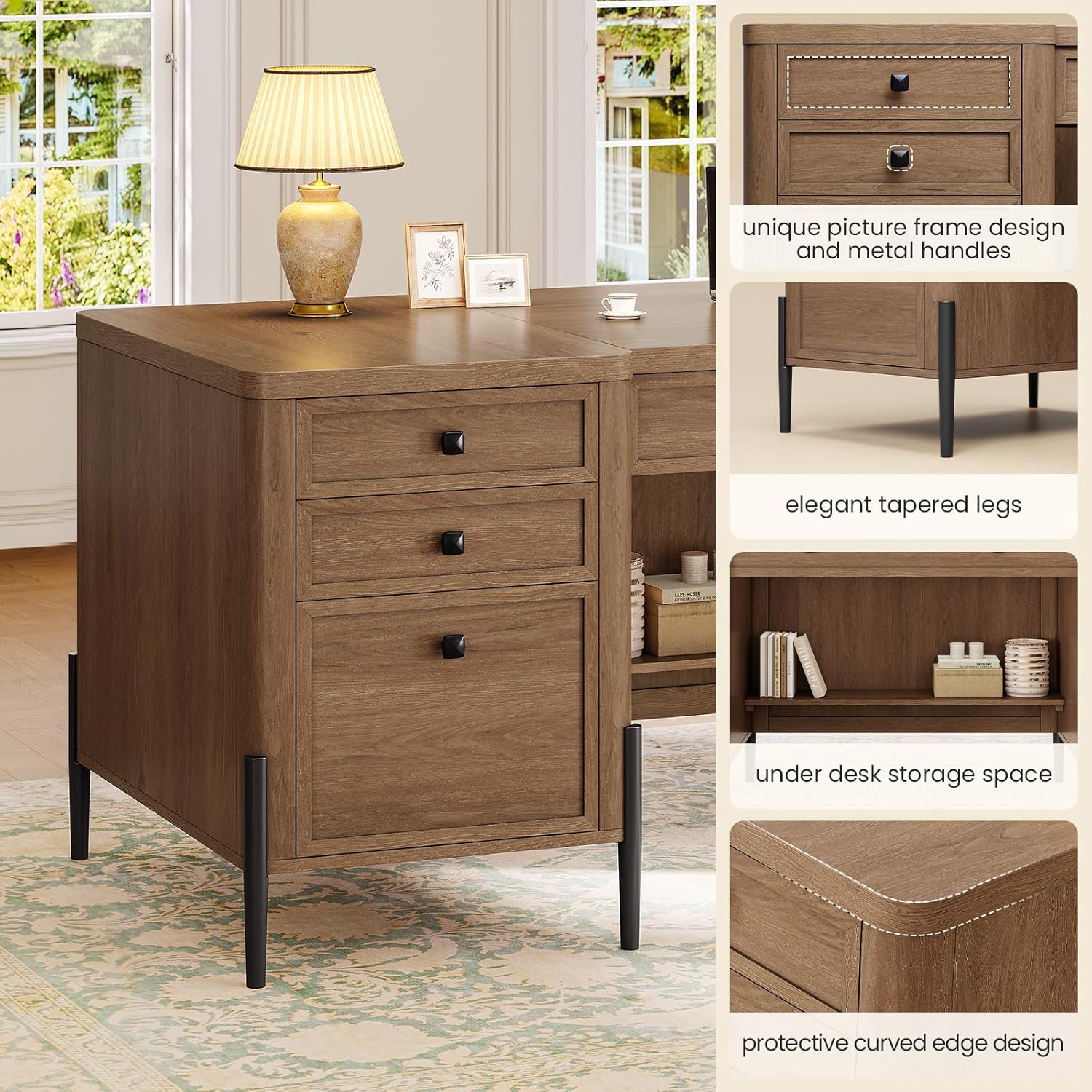 63" Executive Desk with 5 Drawers, Farmhouse Home Office Desks with 2 Storage Cabinet and Keyboard Tray, Large Boss Desk with Privacy Panel, Modern Table with Open Shelf and File Drawer