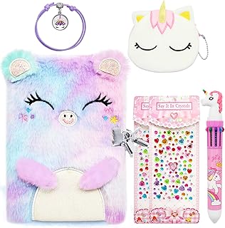 Wieat Secret Diary for Girls, Cat Lockable Diary with Lock, Stationery Set for Girls, Plush Cat Notebook, Unicorn Cat Coin Purs Unicorn Pen/Bracalets, Crystal Sticker, Gift for Kids Age 5 6 7 8 9 10