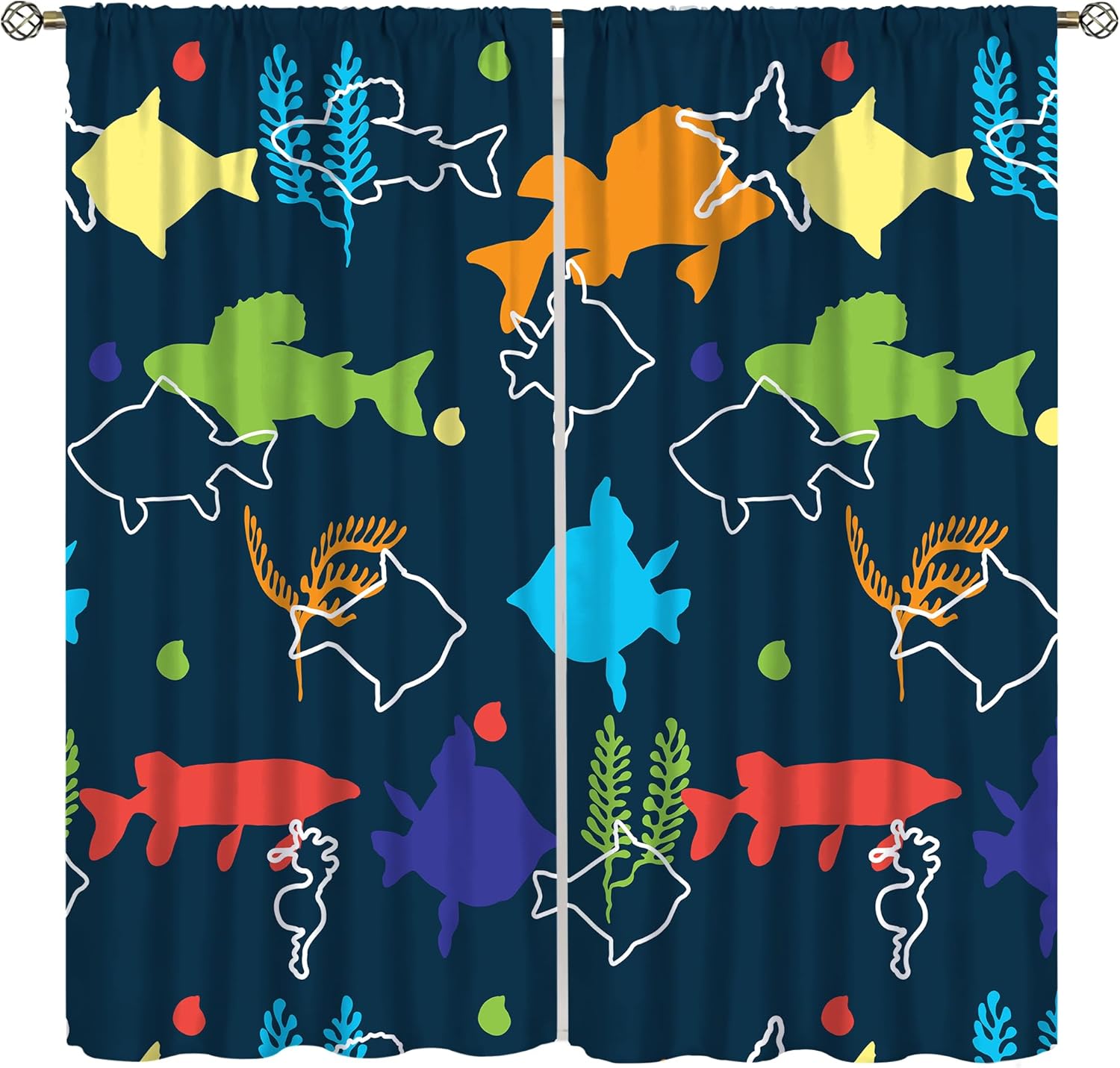 YCness Kids Fish Curtains for Boys Girls Bedroom Nursery Kitchen Window Treatments Navy Blue Cartoon Colorful Safari Drapes 2 Panel Sets,72x63 Inch