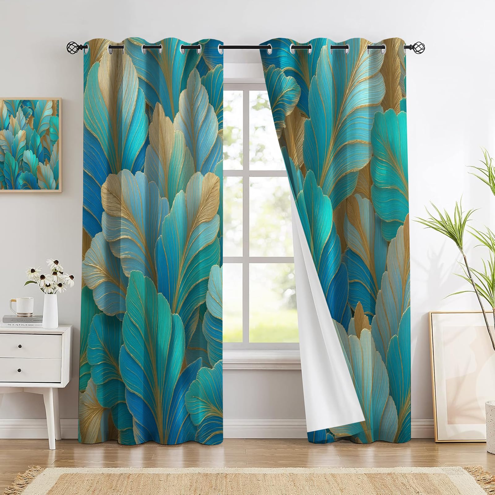2 panneaux rideaux occultants thermiques bleu-vert or 140x240 cm pour fenetre