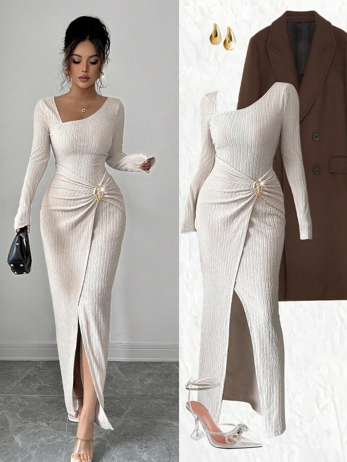 Women's Long Sleeve Maxi Bodycon Dresses Elegant Semi Formal Cocktail Knit Body Con Asymmetrical Weddding Guest - Image 7