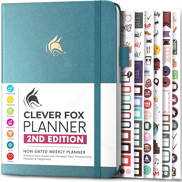 Clever Fox Planner 2nd Edition  Colored Weekly & Monthly Goal Setting Planner, Habit Trackers, Time Management and Productivity Organizer, Gratitude Journal, Undated, A5, Lasts 1 Year  Aquamarine