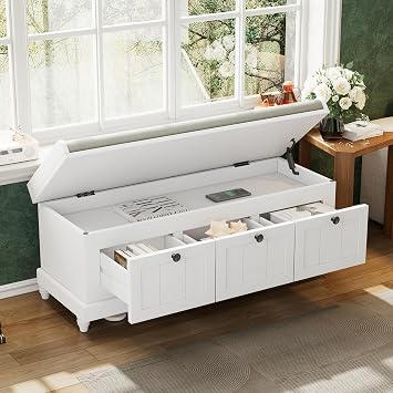 Kurhwyss Storage Bench with 3 Drawers, Retro Wooden Bench with Cushioned Seating and Hidden Storage Compartment, Upholstered Window Ottoman for Entryway, Hallway, Living Room White