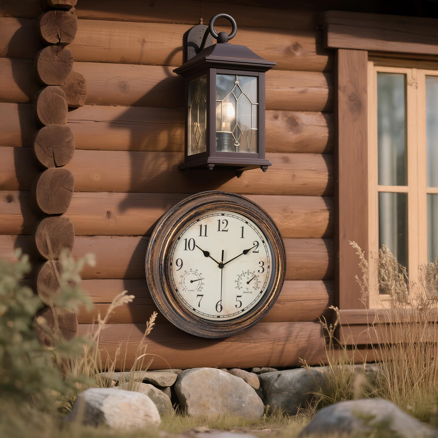 Horloge murale de jardin - Étanche - Vintage - Avec thermomètre et humidité - 30 cm - Sans tic-tac - Résistante aux intempéries - Pour terrasse, piscine, porche, jardin, salle de bain