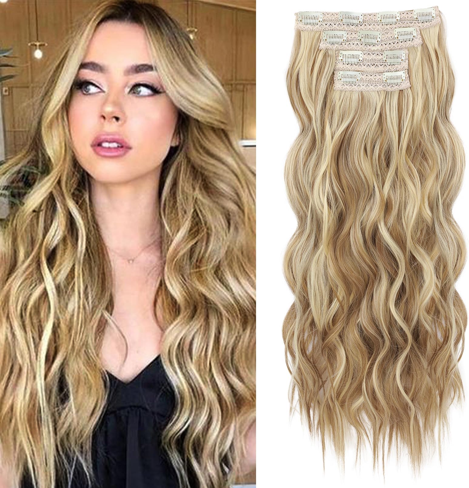 REECHO Clip in Hair Extensions, 4PCS Hair Extensions 24" Thick Long Beach Waves hair extensions HE003 Invisible Lace Weft – Medium Blonde with Blonde Highlights