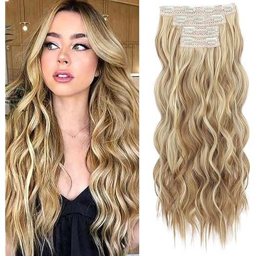 REECHO Clip in Hair Extensions, 4PCS Hair Extensions 24" Thick Long Beach Waves hair extensions HE003 Invisible Lace Weft – Medium Blonde with Blonde Highlights
