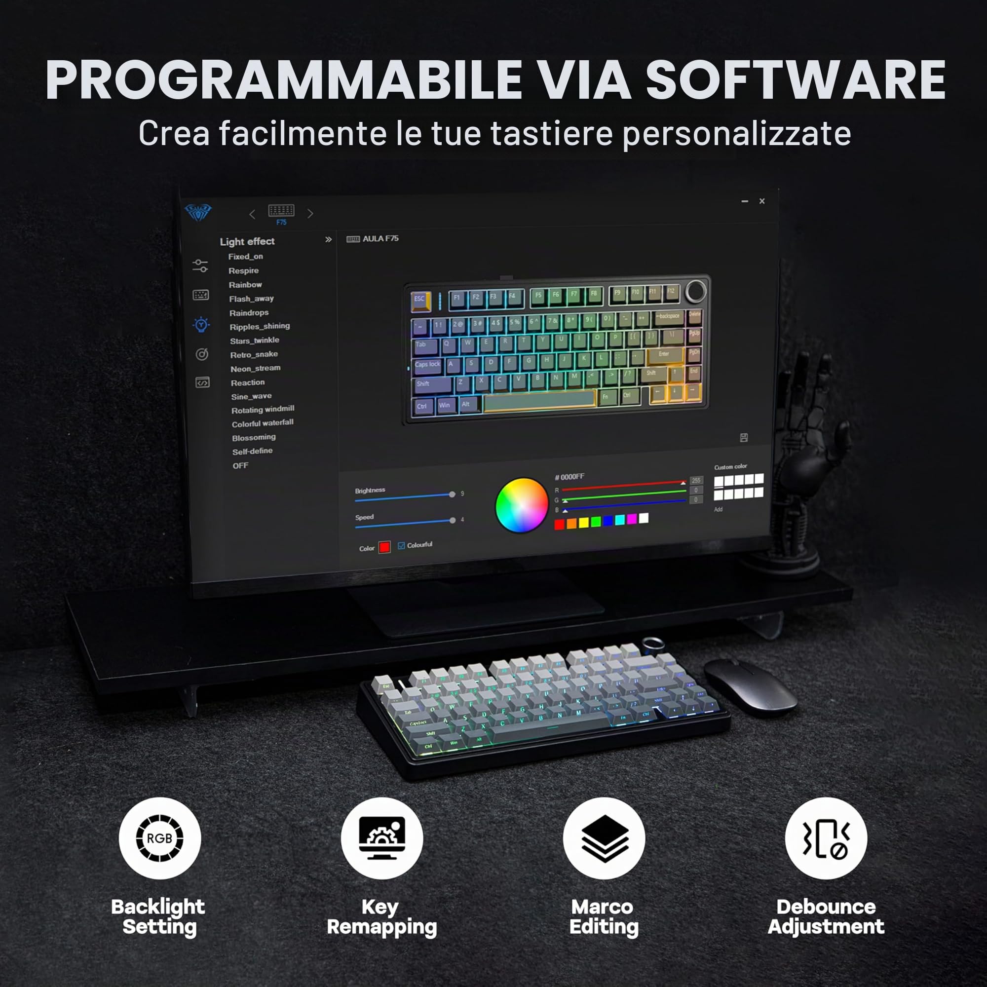MechLands AULA F75 PRO - Tastiera meccanica 75% cremosa personalizzata BT5.0/USB-C/2,4 GHz, struttura della guarnizione, hot swap, manopola, RGB, interruttori Mietitore, per Windows/Mac (nero sfumato)