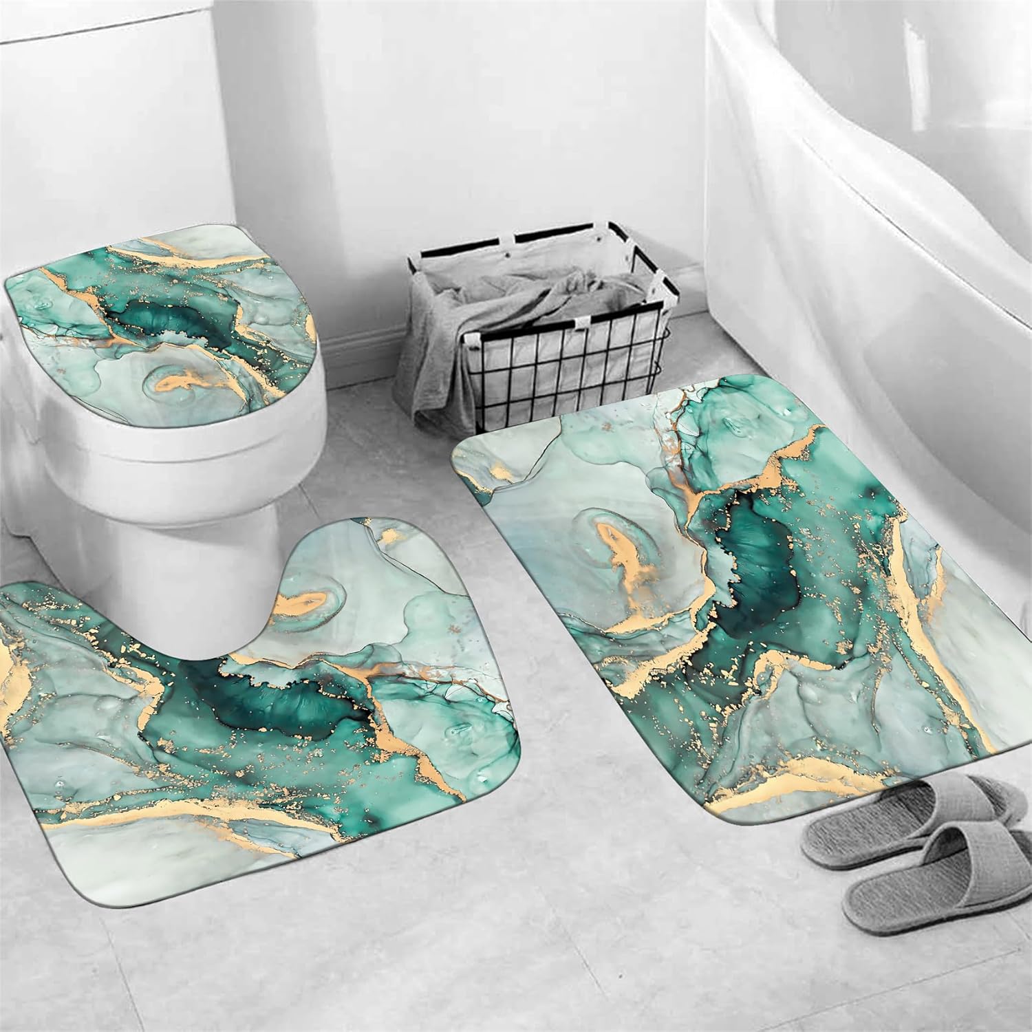 Nkzply 4 Pcs Green Marble Shower Curtain Set Teal Modern Abstract Bathroom Sets with Shower Curtain and Rugs Gold Fabric Shower Curtains for Bathroom Decor Accessories Bath Rugs Toilet Lid Cover Hooks