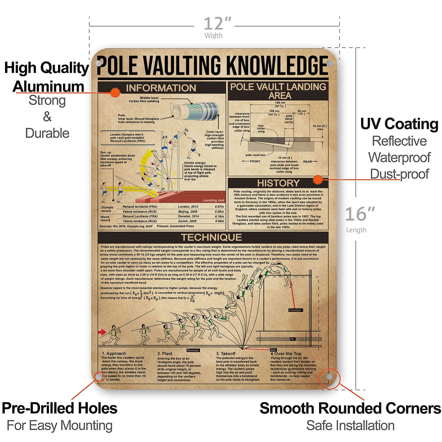 Cartel de metal con texto en inglés "Pole Vaulting Knowledge", para dormitorio, sala de estar, regalo para atletas, 16 x 12 pulgadas