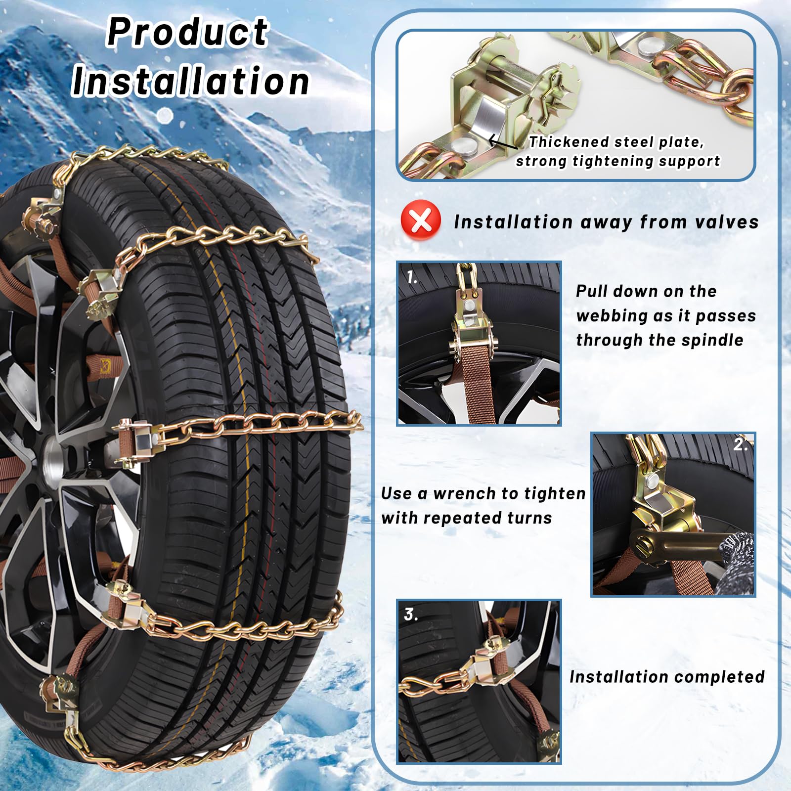 Ensemble Chaînes à Neige Shyllin pour Voiture - 4 Pcs, Antidérapantes, Universel, Réglables pour Pneus de 165 à 285 mm