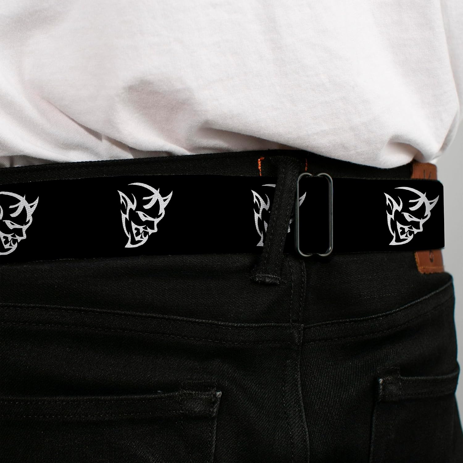 Buckle-Down Men's Seatbelt Belt Dodge Regular, Dodger Demon icon Black/White, 1.5" Wide-24-38 Inches