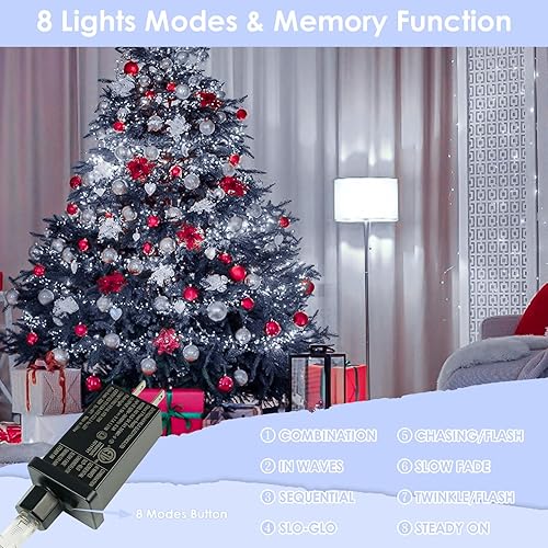 Miniatura 8 de (Blanco frío multicolor) 66 pies 200 luces LED enchufables, 8 modos de luces impermeables con control remoto de alambre plateado, decoración de