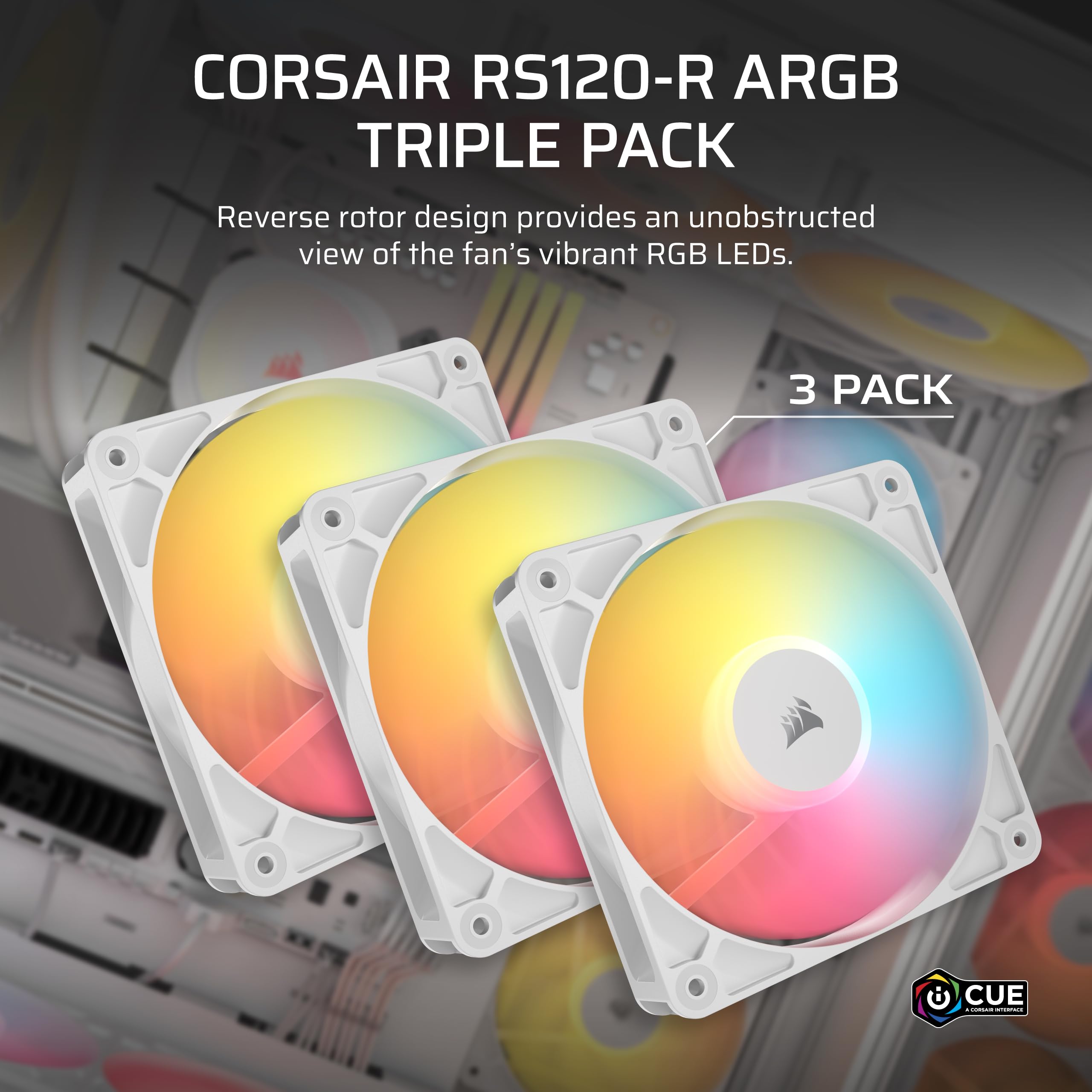 CORSAIR RS120-R ARGB 120 mm PWM Wentylatorów o Odwróconym Przepływie – Odwrócone Łopatki Wentylatora, 8 Diod LED RGB — Wysokie Ciśnienie Statyczne, Tryb Zero RPM – Zestaw Potrójny – Biały