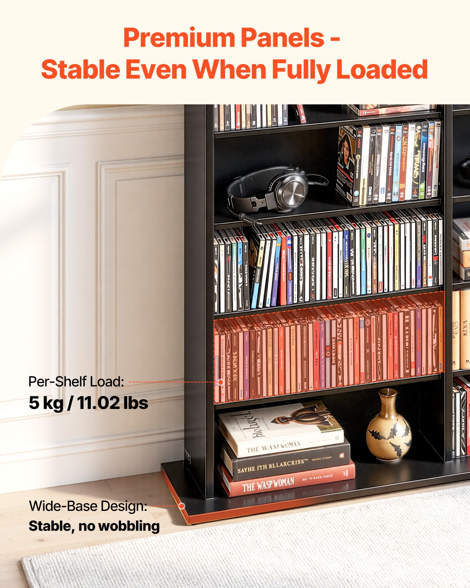 VEVOR Media Storage Cabinet, 8-Tier DVD Shelf Organizer, 55.91 x 8.66 x 51.18 in Multimedia Storage Organizer for CDs, DVDs, Books & Games, CD Shelf for Living Room, Home Office, Recording Room, Black - 5