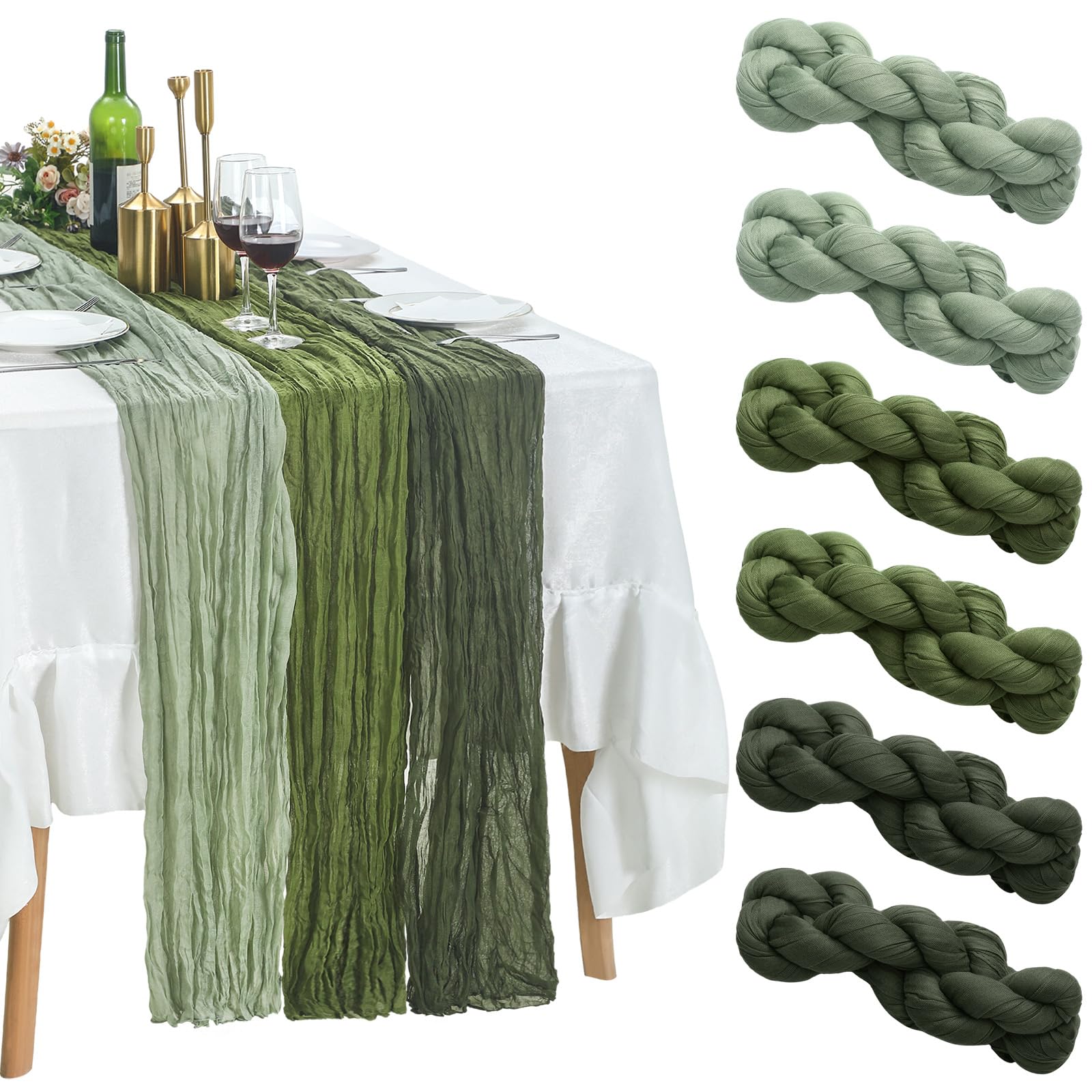 Photo 1 of ***SIMILAR ITEM***
HunnmingRe 6 Pcs Cheesecloth Table Runner 10ft Boho Rustic Gauze Cheese Cloth Table Runner for Wedding Birthday Baby Shower Party Feasts Ceremony Summer(Sage Green, Moss Green, Olive Green)