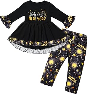 Festive Toddler Girl New Year's 2026 Ruffle Outfit with Fun Firework Pattern