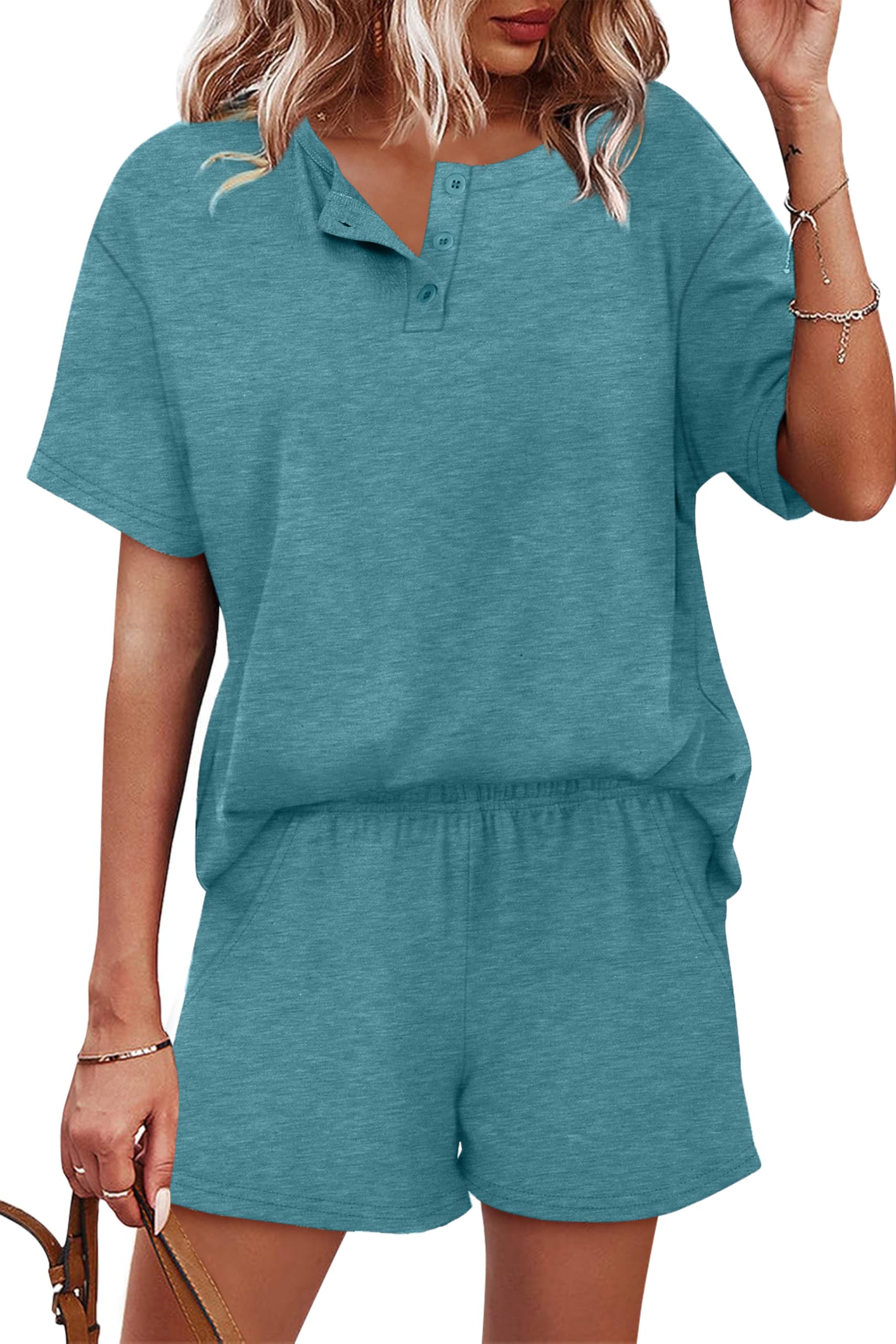 WIHOLL 2 Piece Sets for Women Lounge Sets Summer Outfits 2026 Button Down Short Sleeve Tops and Shorts Set with Pockets