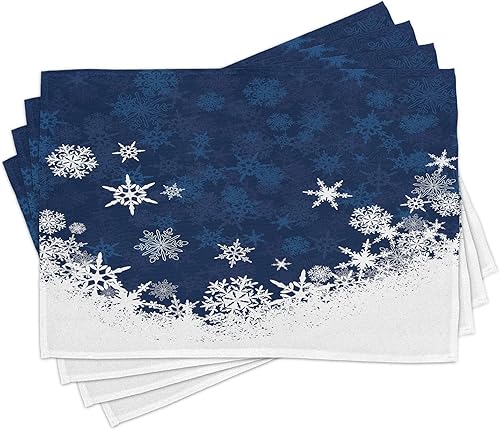 Lunarable Juego de 4 manteles individuales con diseño de copo de nieve, ilustraciones navideñas con temática de invierno, celebración inspirada en
