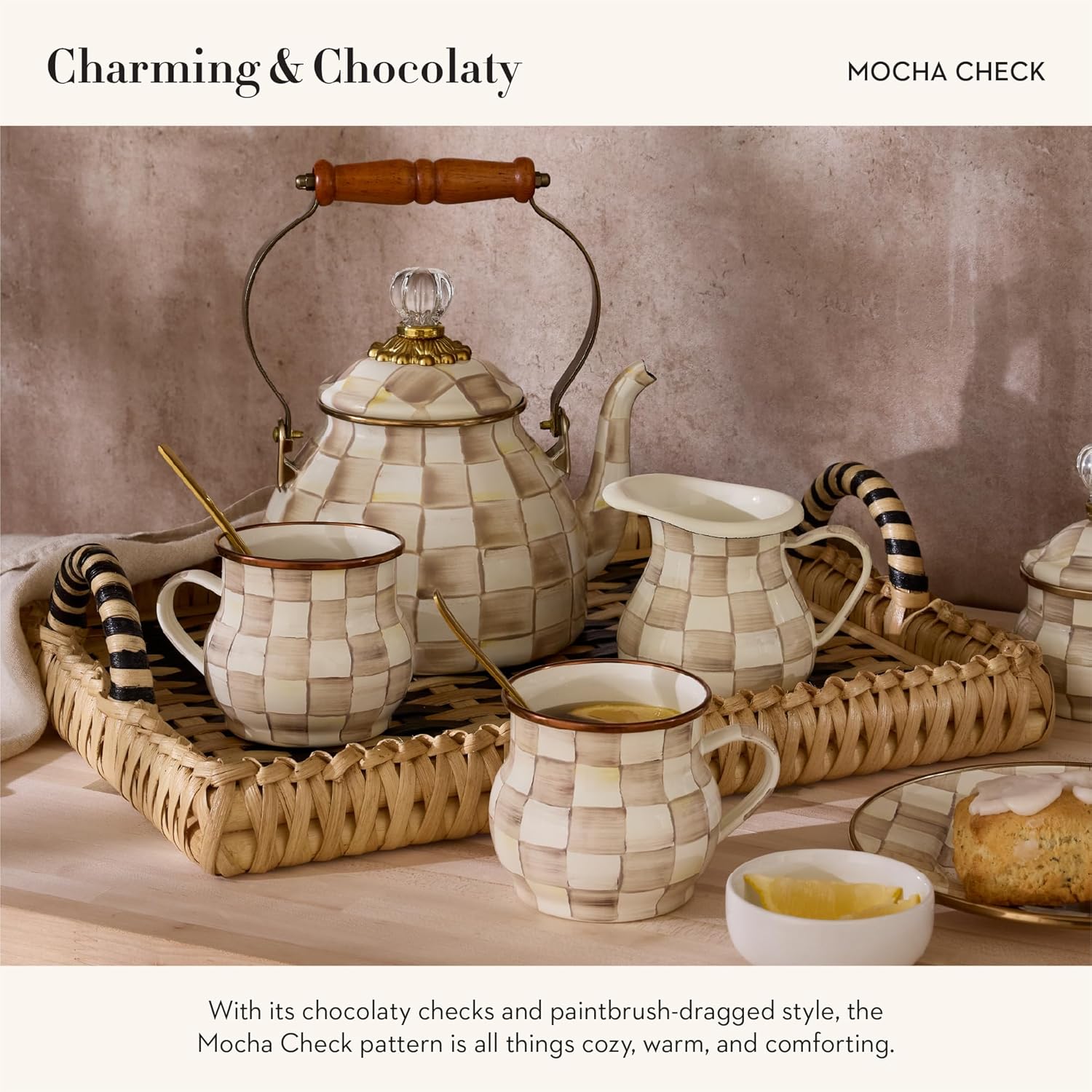 MACKENZIE-CHILDS Enamel Lidded Sugar Bowl, Small Serving Bowl with Lid, 10-Ounce Capacity, Brown-and-White Mocha Check