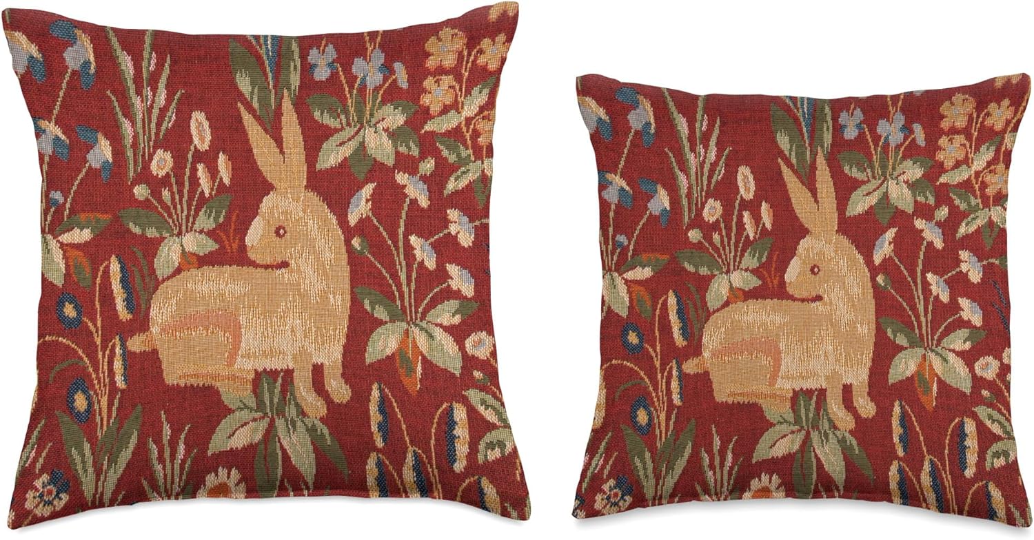 Sitting Rabbit in Red French Tapestry Woven Red Decorative Throw Pillow
