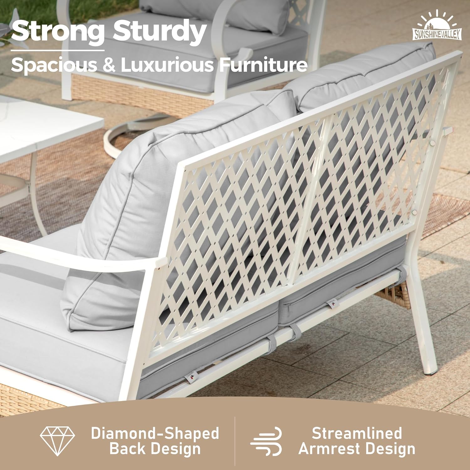 SUNSHINE VALLEY Metal Patio Furniture Loveseat with 5.75" Extra Thick Waterproof Cushion, 2-Seater Deep Seating & High-Back White Outdoor Couch All Weather Outdoor Seating for Gazebo Porch, Light Gray