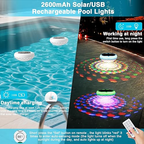 Miniatura 3 de Luces solares para piscina, 2600 mAh, luces flotantes recargables por USB, 6.7 pulgadas, IP68, impermeable, luz flotante solar con control remoto,