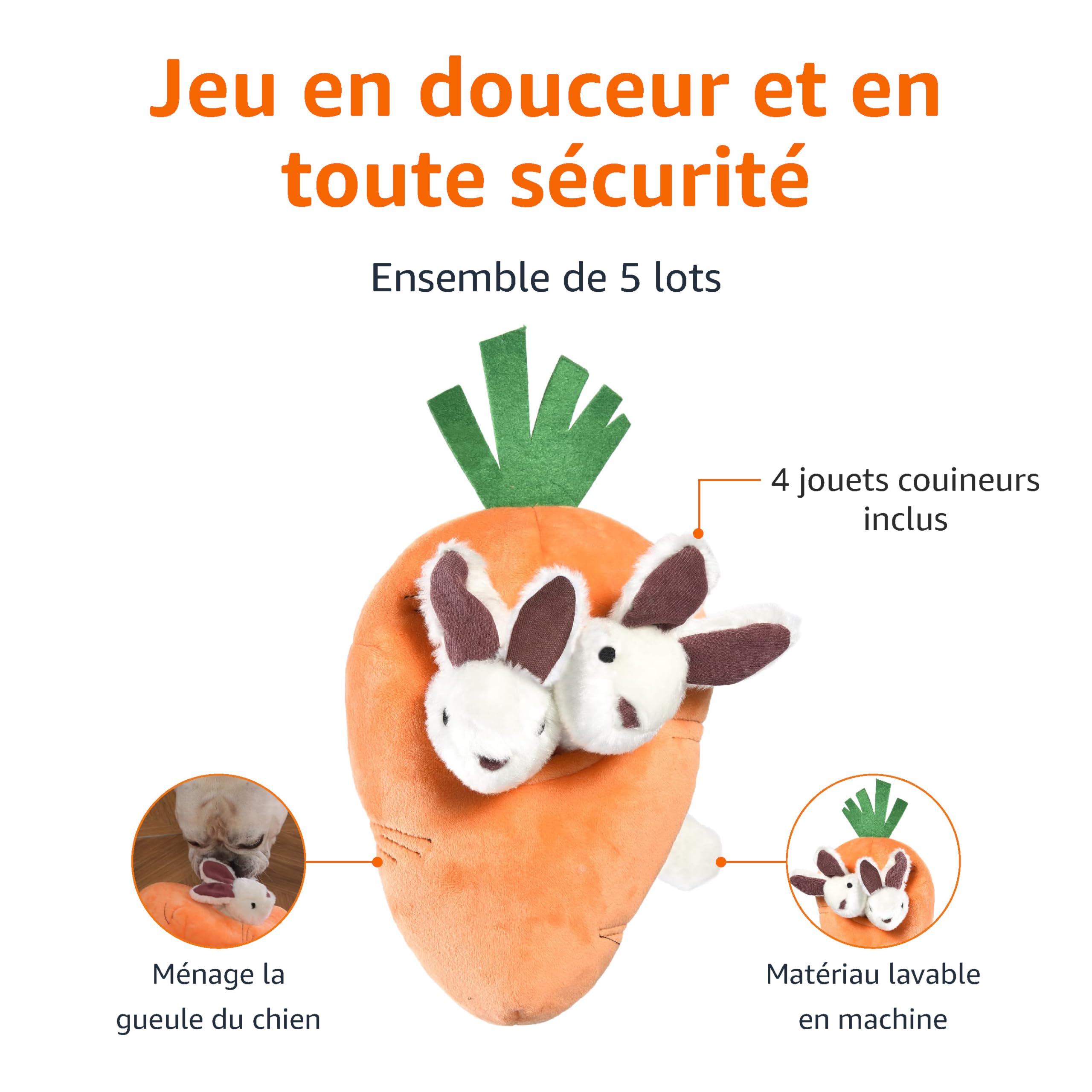 Amazon Basics Lot de 5 jouets en peluche avec couineur, lapin et carotte, Orange/blanc