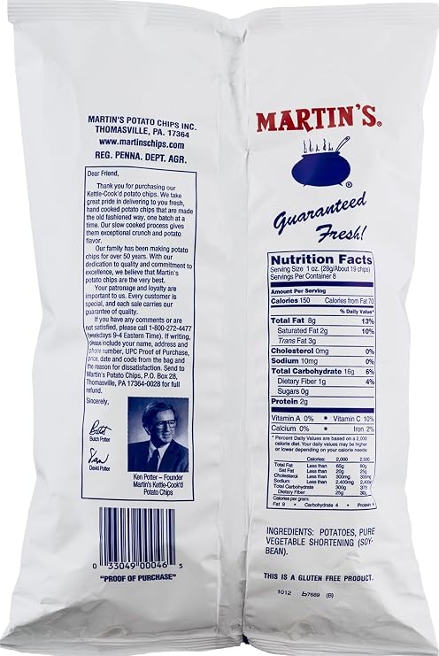 Martin's Kettle-Cook'd No Salt Added Potato Chips 8 Ounces (4 Bags)