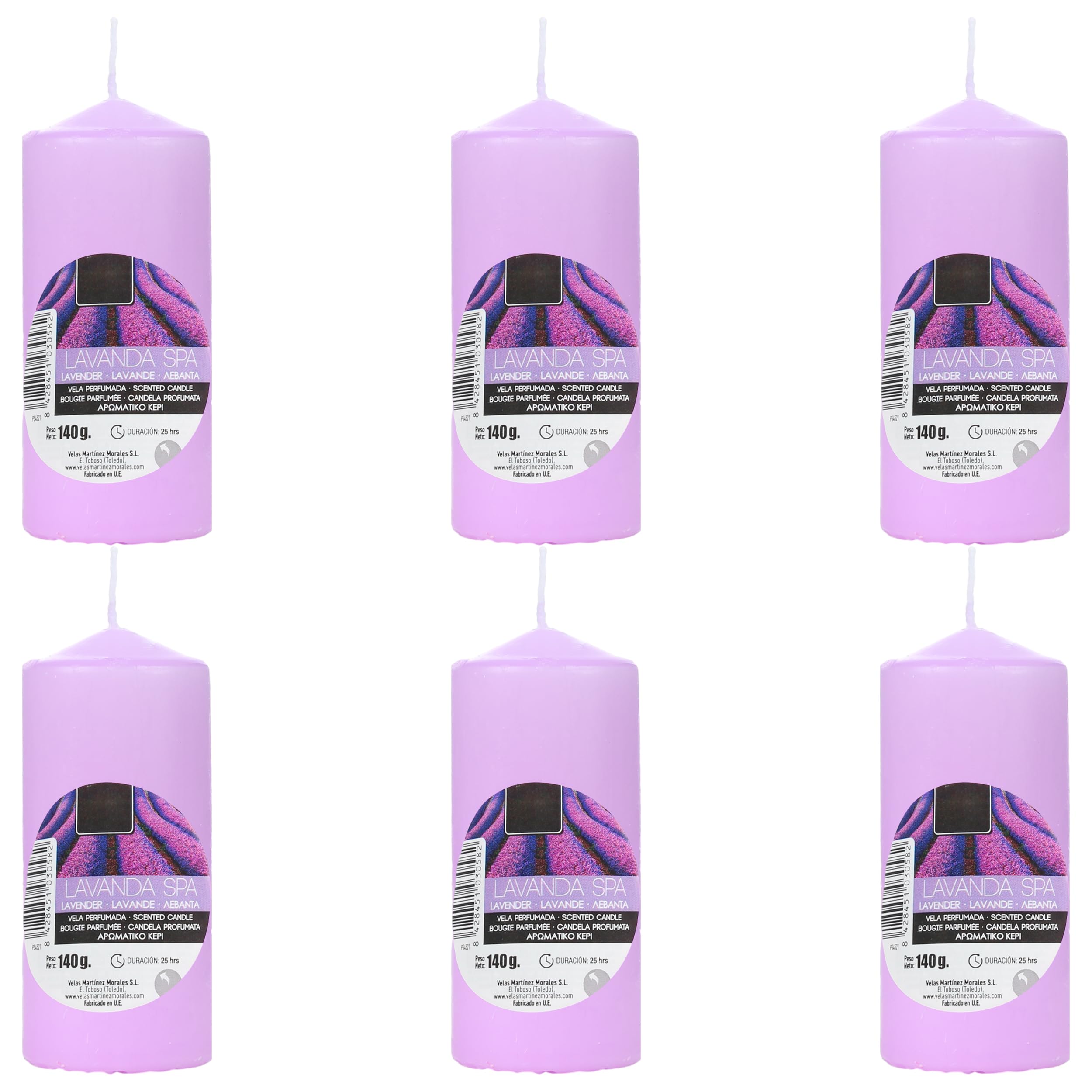 Pack de 6 Velas Aromáticas Cilíndricas Elegantes 140g, 25h Duración - Velón Taco de Cera, Decorativas y Relajantes 110x47 mm (Lavanda Spa)