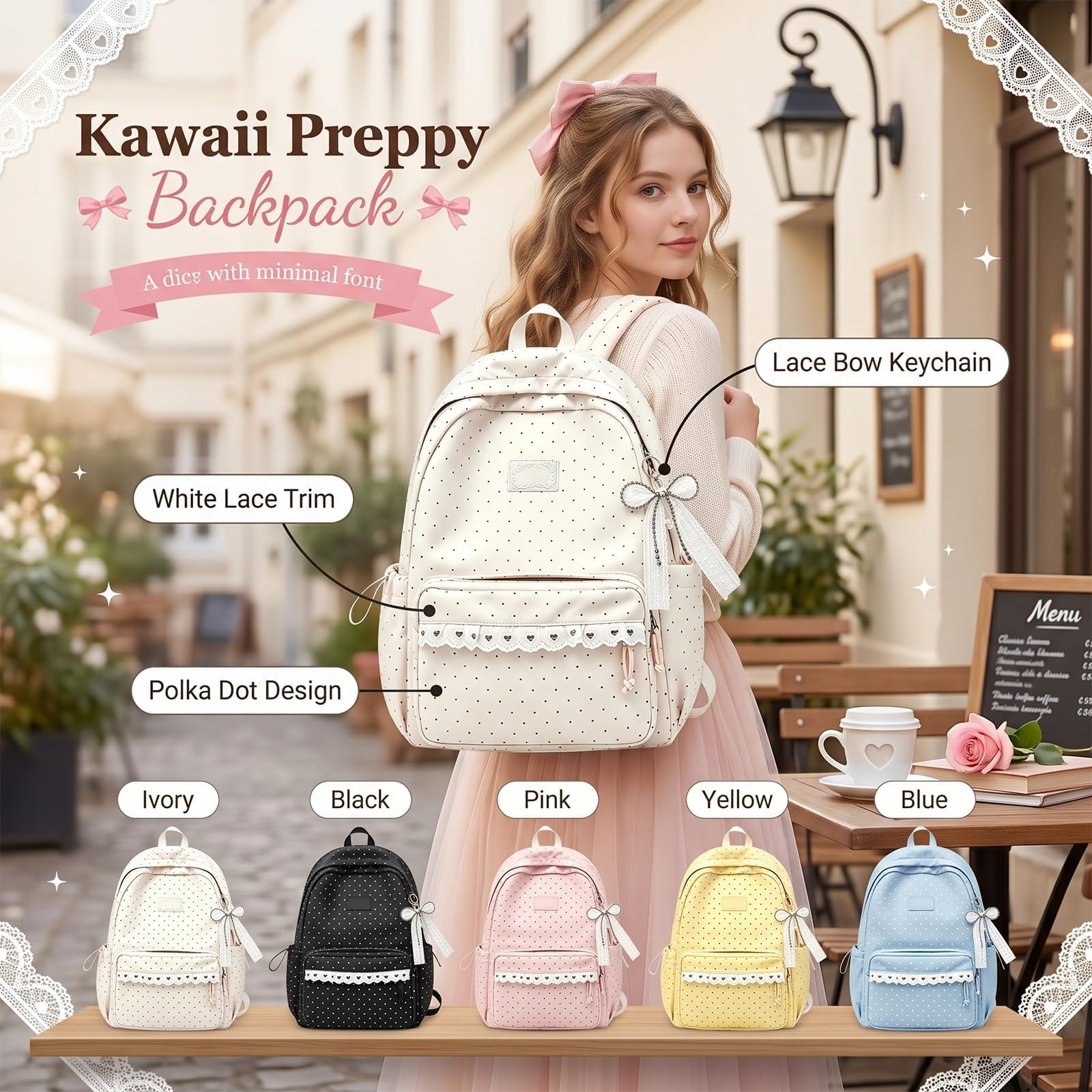 Zaino Da Donna In Nylon A Pois, Borsa Y2K Carino Per Laptop Libri, Zaino Da Viaggio Legero E Capiente, Borsa In Nylon Impermeabile Con Multi Scomparti, Zainos Casual Per Tutti I Giorni(Bianco)