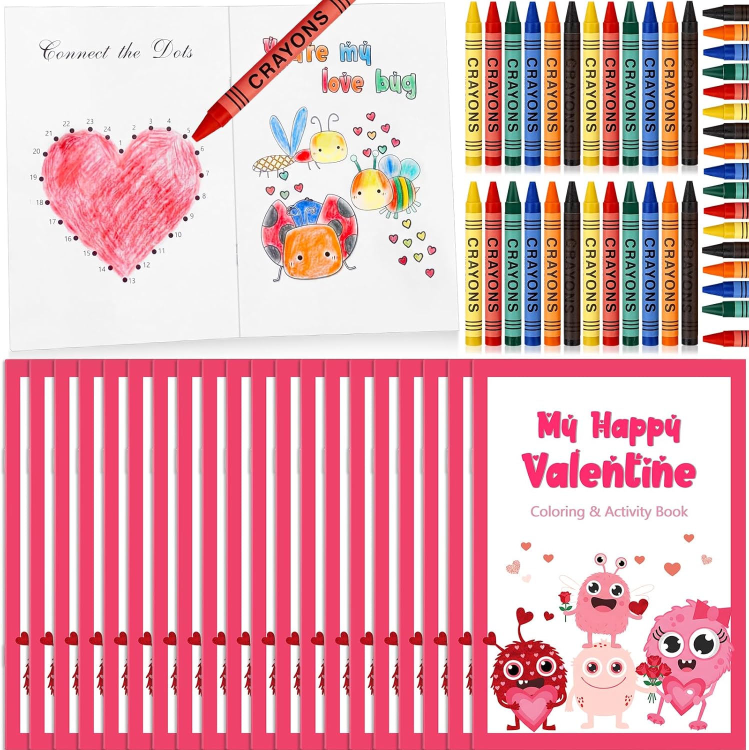Spakon 20 Set Valentines Day Coloring Book for Kids with 20 Crayons, Valentine School Party Favors Small Activity Books Bulk for Kids Valentine's Day Classroom Exchange Gifts Prizes