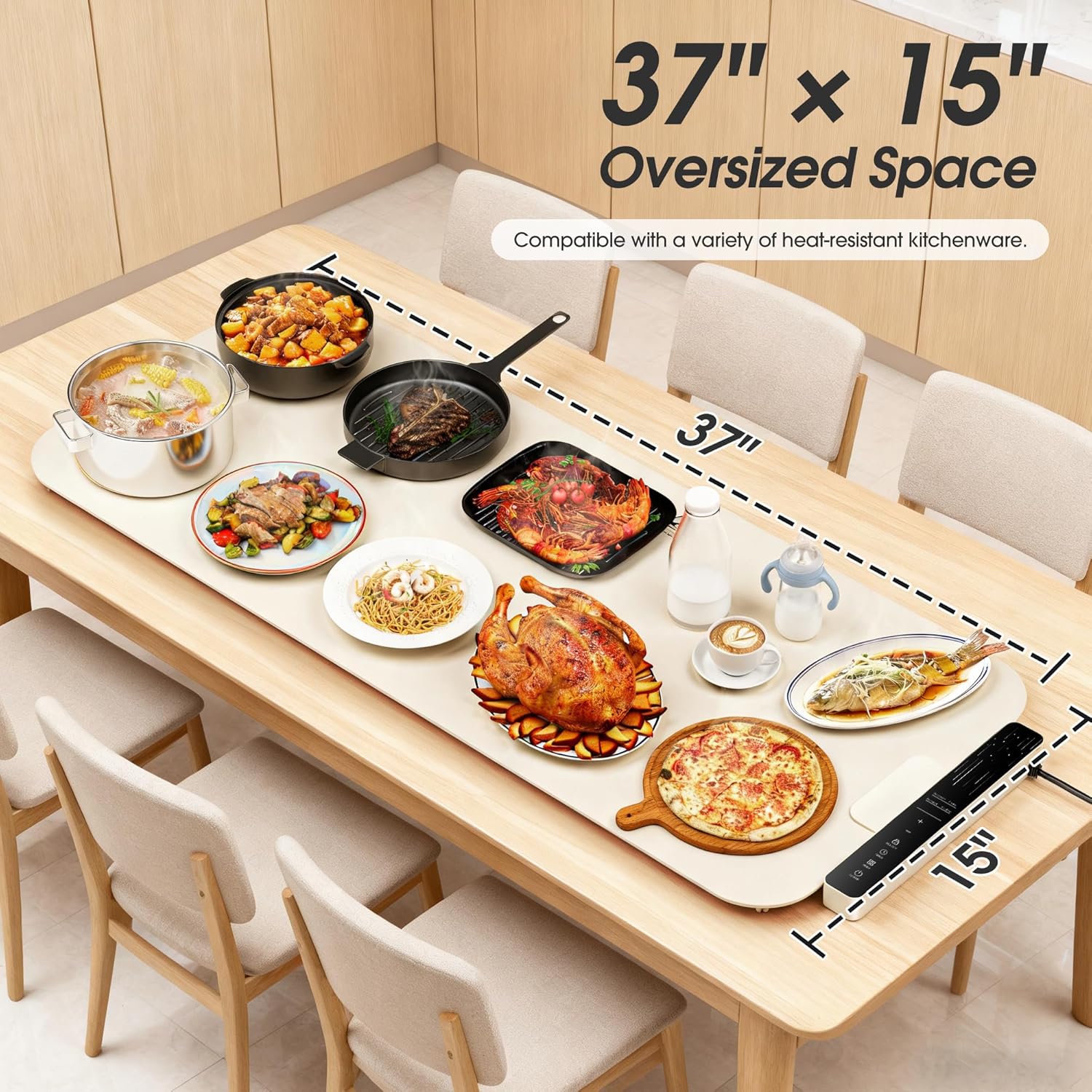 Vabaso Extra Large Food Warming Mat with APP, 37"x15" DIY Temperature & Timer Settings, Heats in 5s, Electric Warming Tray with Child Safety Lock, Warming Mat for Food & Countertop - Kosher Certified
